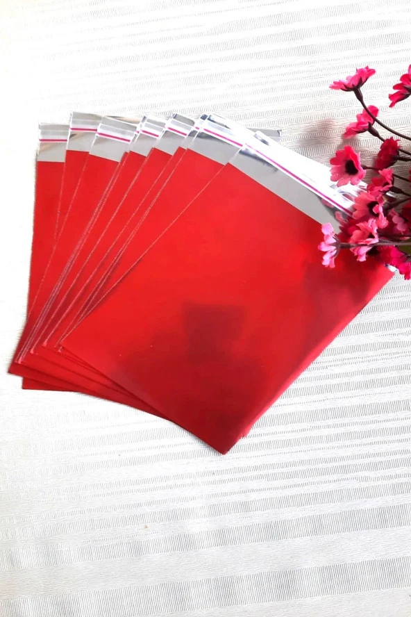 Kırmızı Janjanlı 10 Adet Hediye Paketi - Yapışkanlı - 12 x 17 cm