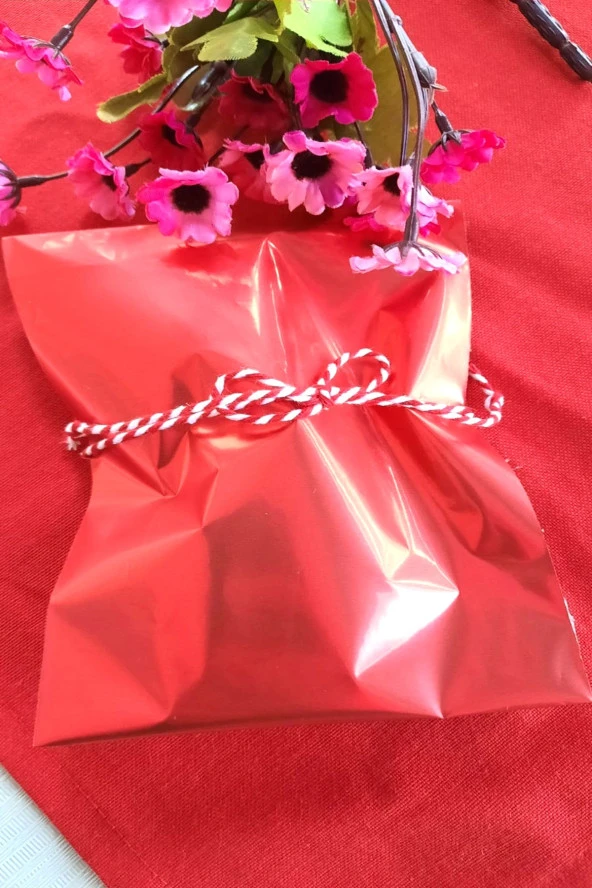 Kırmızı Janjanlı 10 Adet Hediye Paketi - Yapışkanlı - 12 x 17 cm - 2