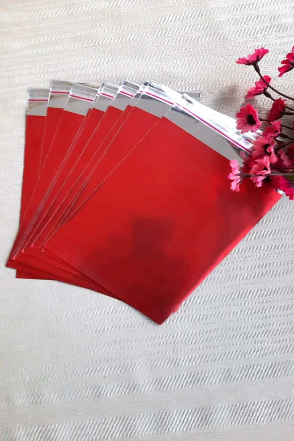 Kırmızı Janjanlı 10 Adet Hediye Paketi - Yapışkanlı - 12 x 17 cm - 4