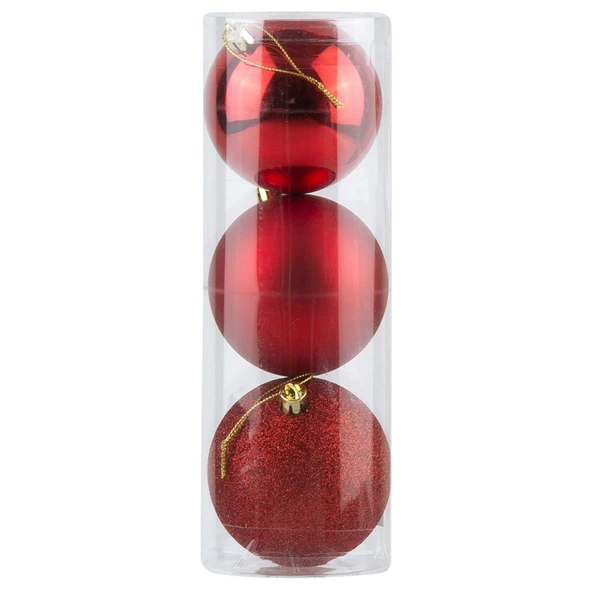 Yılbaşı Ağacı Süsleri 8 cm KIRMIZI Top Süs 3 lü Paket KIRMIZI Yeni Yıl Süsleri