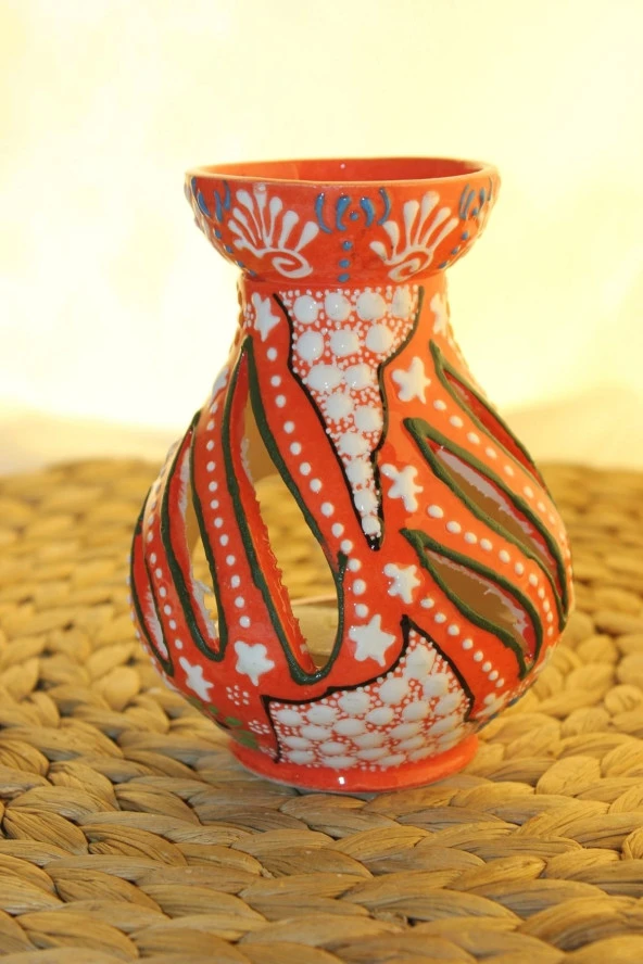 Buhardanlık Seramik El İşi Çini Motifli Buhurdanlık Oranj - Resim 6