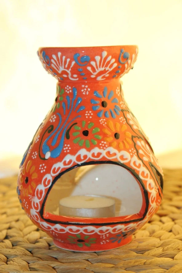 Buhardanlık Seramik El İşi Çini Motifli Buhurdanlık Oranj - Resim 8