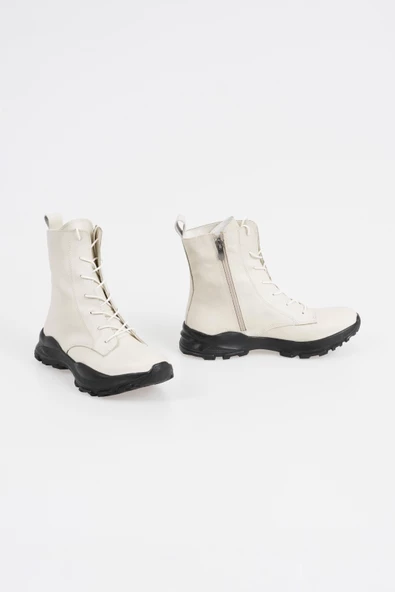 Hakiki Deri Kadın Bağcıklı Bot Spor Taban Fermuarlı Kışlık Ayakkabı - 3