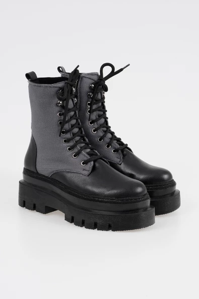 Kadın Bağcıklı Postal Bot Kalın Taban Yanı Desenli Fermuarlı Kışlık Bot - 5