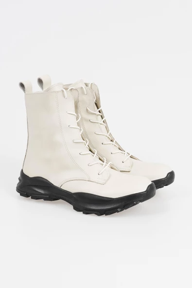 Hakiki Deri Kadın Bağcıklı Bot Spor Taban Fermuarlı Kışlık Ayakkabı