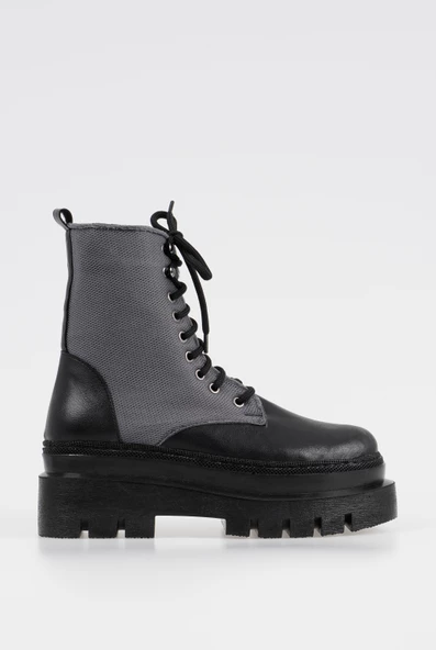 Kadın Bağcıklı Postal Bot Kalın Taban Yanı Desenli Fermuarlı Kışlık Bot - 4