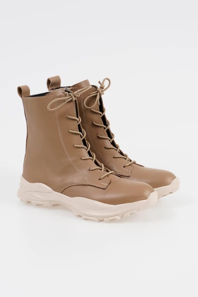 Hakiki Deri Kadın Bağcıklı Bot Spor Taban Fermuarlı Kışlık Ayakkabı - 4