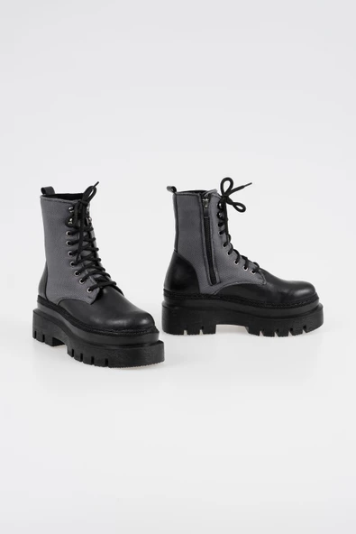 Kadın Bağcıklı Postal Bot Kalın Taban Yanı Desenli Fermuarlı Kışlık Bot - 6