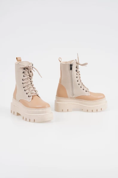 Kadın Bağcıklı Postal Bot Kalın Taban Yanı Desenli Fermuarlı Kışlık Bot - 3