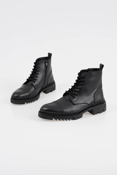 Hakiki Deri Erkek Bağcıklı Bot Fermuarlı Tırtık Taban Dikiş Detaylı Kışlık Bot - Resim 3