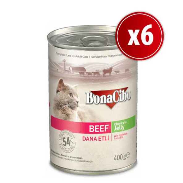 BonaCibo Jöleli Dana Etli Konserve Yetişkin Kedi Maması 6 x 400 G