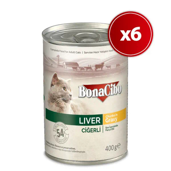 BonaCibo Soslu Ciğerli Konserve Yetişkin Kedi Maması 6 x 400 Gr