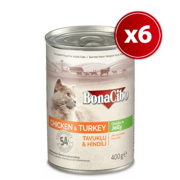 Bonacibo Jöleli Tavuk ve Hindili Yaş Kedi Maması 6 x  400 Gr