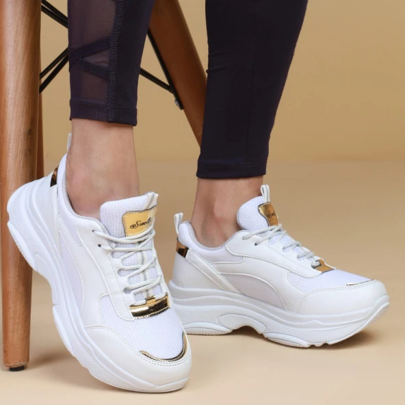 Swella Beyaz Gold Rahat Kadın Spor Ayakkabı Sneakers