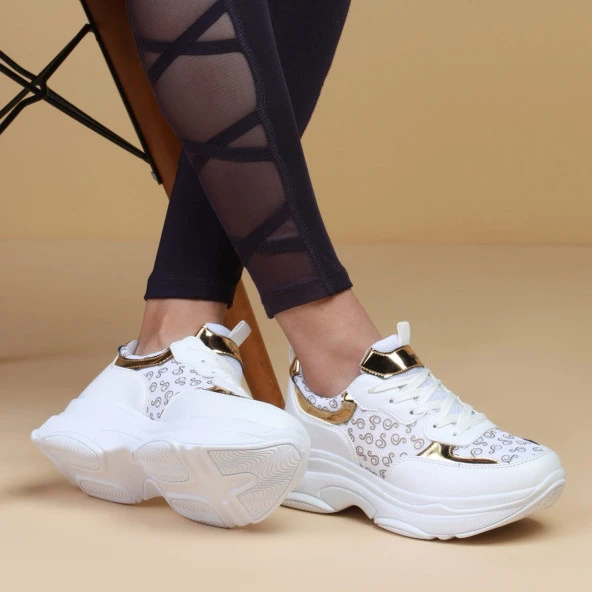 Swella Beyaz Gold Rahat Günlük Kullanıma Uygun Kadın Spor Ayakkabi Sneaker