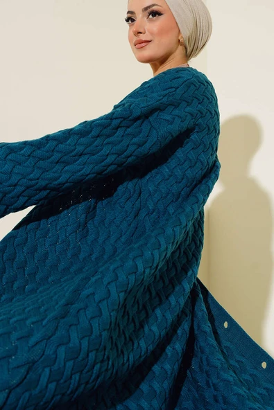 Boydan Düğmeli Sepet Örgü Uzun Hırka Petrol ürün görseli 1