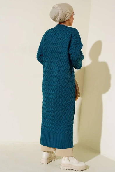 Boydan Düğmeli Sepet Örgü Uzun Hırka Petrol - Resim 3