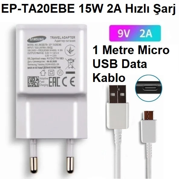 Samsung Galaxy Orijinal EP-TA20EBE 15W 2A Hızlı Şarj Cihazı ve Micro USB Kablo