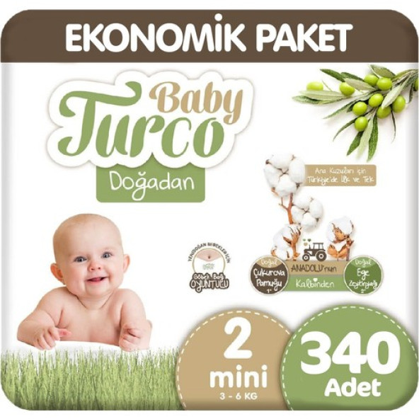 Baby Turco Doğadan 2 Beden Mini 340'lı Bebek Bezi