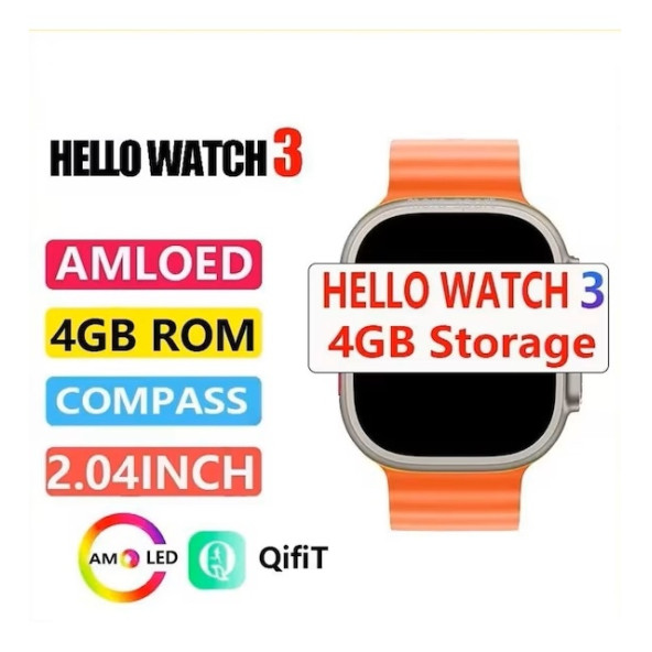 Hello Watch 3  4GB Hafıza ve Aksesuar Bağlantılı 3 Kordonlu Amoled Ekran Watch 8 Ultra Max Akıllı Saat