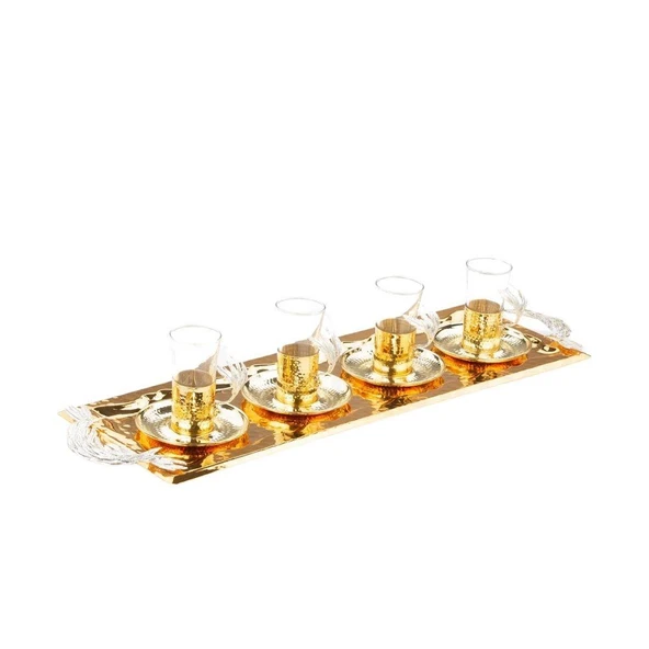 Nikel Tüylü Baton Tepsi + 4'lü Çay Bardağı Altın