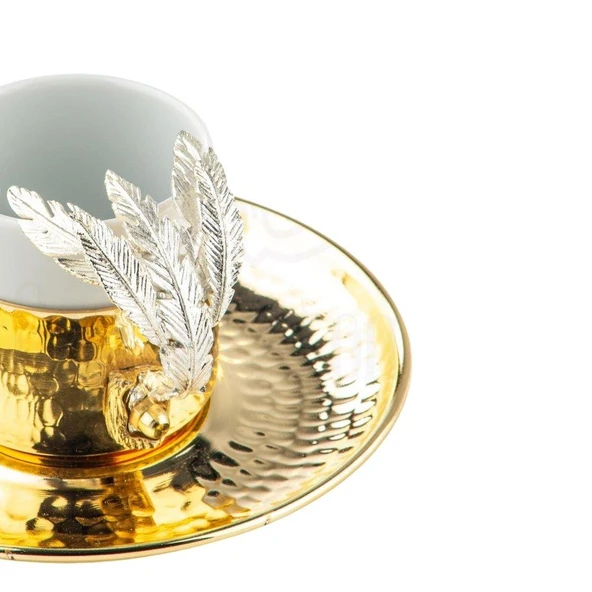 Nikel Tüylü Baton Tepsi + 4'lü Kahve Fincanı Altın - 2