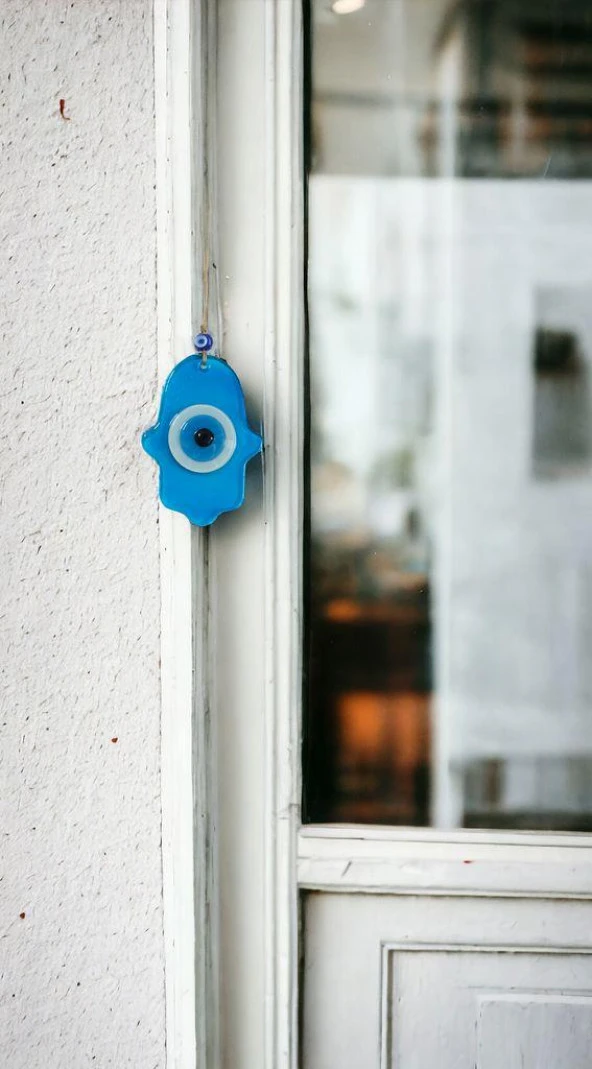 Nazar Boncuklu Turkuaz Mavisi Rengi Fatma Ana Bereket Eli Cam Duvar Süsü ürün görseli