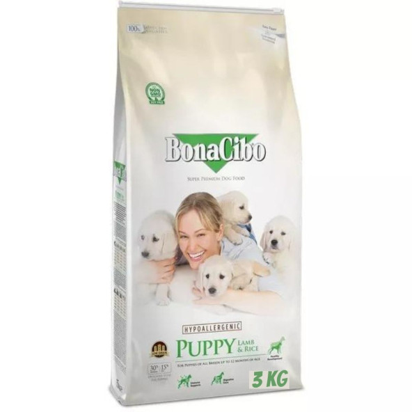BonaCibo Puppy Lamb & Rice Kuzu Etli ve Pirinçli Yavru Köpek Maması 3 Kg Kapalı ambalaj