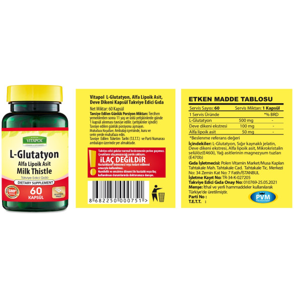 PTTAVM: Vitapol L-Glutathione 500 Mg 2x60 Kapsül L-Glutatyon Milk Thistle  Alpha Lipoic Acid