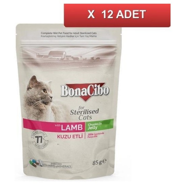 Bonacibo Pouch Kuzu Etli Kısır Kedi Konservesi 85 gr (12 Adet)