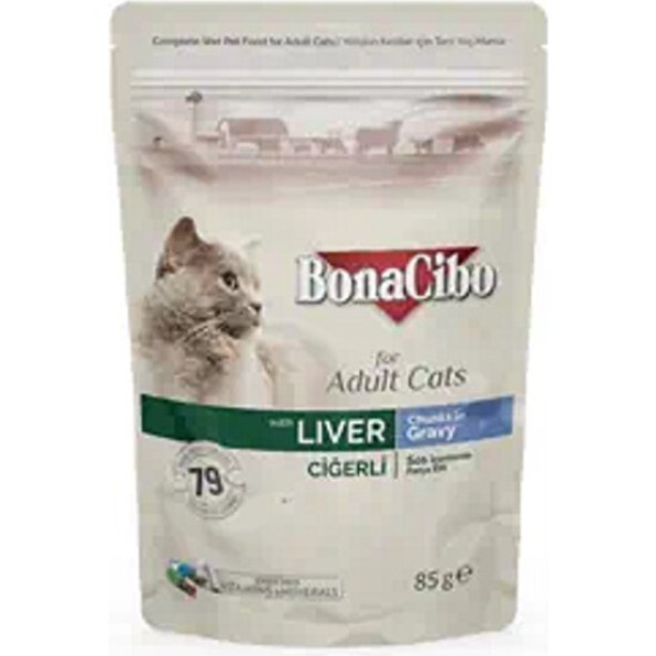 BonaCibo Soslu Ciğerli Pouch Yetişkin Kedi Yaş Maması 85 gr x 12 Adet