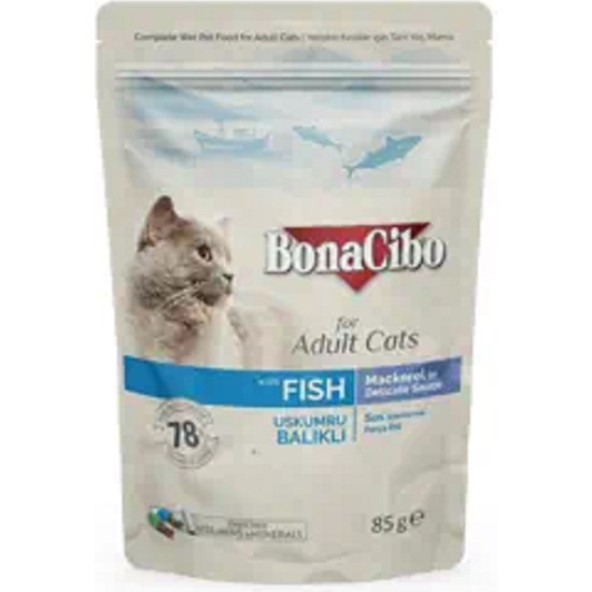 BonaCibo Soslu Uskumru-Balıklı Pouch Yetişkin Kedi Yaş Maması 85 gr x 12 Adet