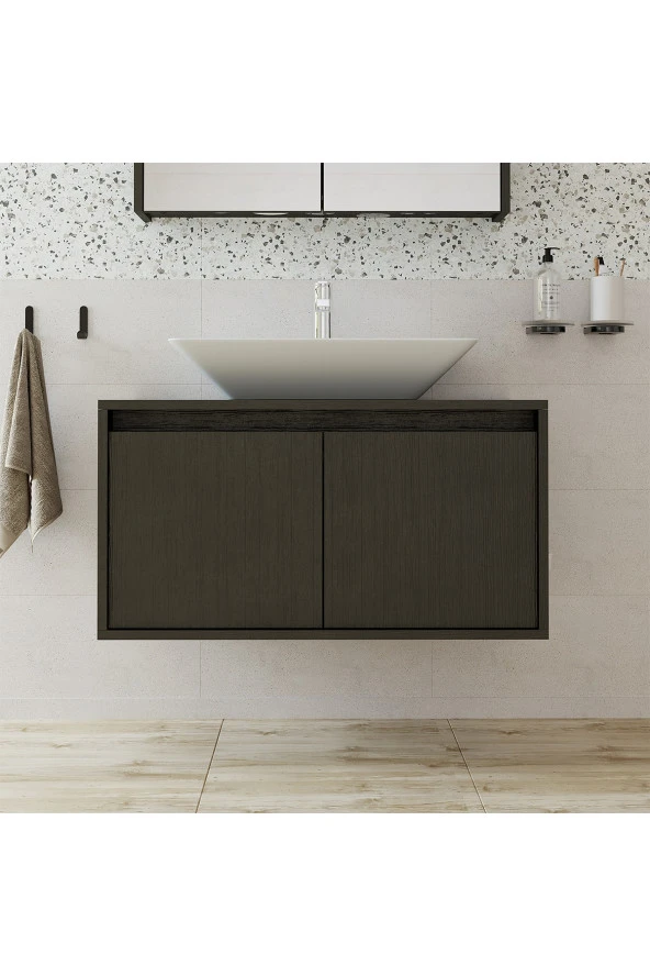 Roomart Ayaksız 2 Kapaklı Lavabolu Ahşap Siyah Suntalam 85 Cm Banyo Dolabı