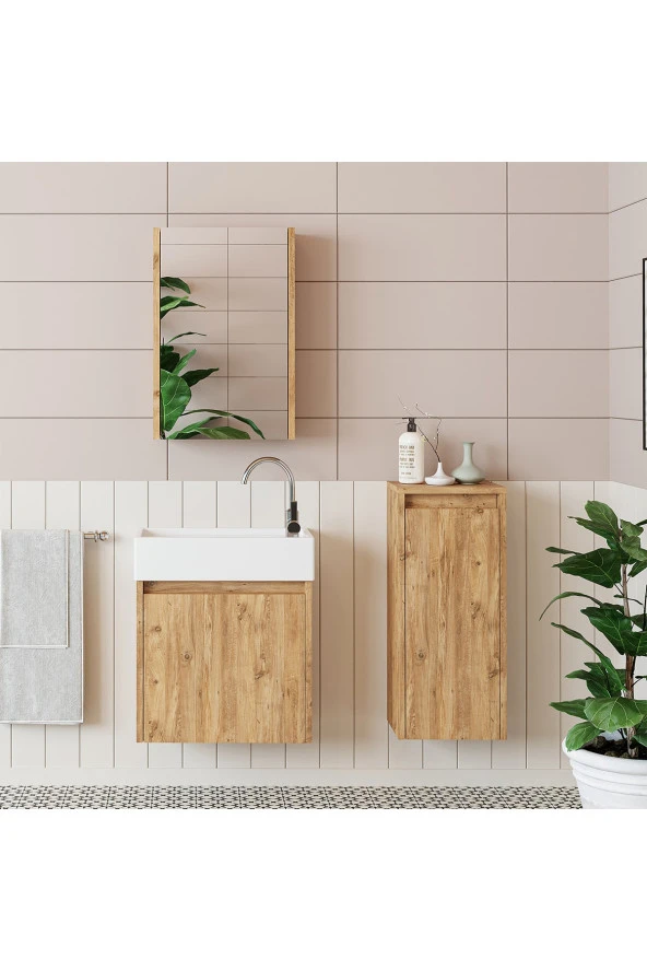 ROOMART Ayaksız Tek Kapaklı Lavabolu 50 Cm Banyo Dolabı+aynalı Üst Dolabı+boy Dolabı