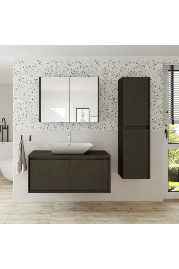 ROOMART Lavabolu Ahşap Siyah Suntalam 100 Cm Banyo Dolabı Aynalı Banyo Üst Dolap Banyo Dolabı
