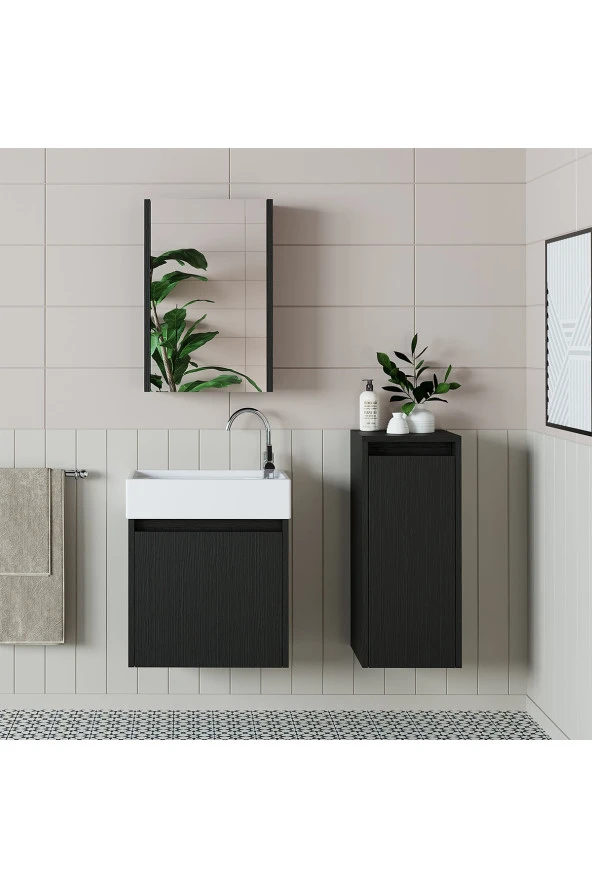 ROOMART Ayaksız Tek Kapaklı Lavabolu 50 Cm Banyo Dolabı+aynalı Üst Dolabı+boy Dolabı