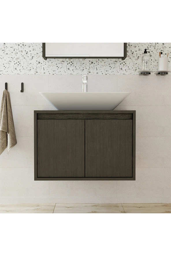 ROOMART Ayaksız 2 Kapaklı Lavabolu Ahşap Siyah Suntalam 65 cm Banyo Dolabı