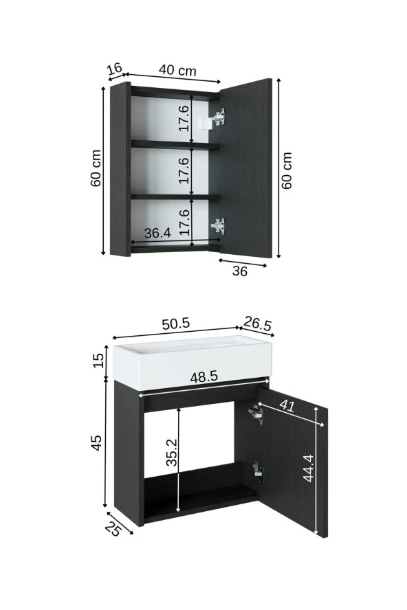 ROOMART Ayaksız Tek Kapaklı Lavabolu 50 Cm Banyo Dolabı+aynalı Üst Dolabı
