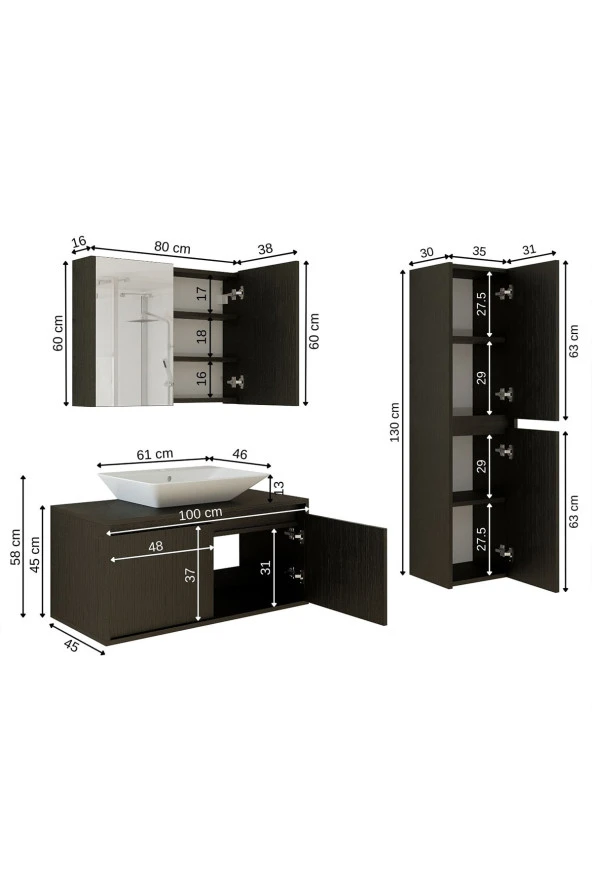 ROOMART Lavabolu Ahşap Siyah Suntalam 100 Cm Banyo Dolabı Aynalı Banyo Üst Dolap Banyo Dolabı - 2