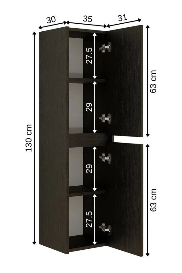 ROOMART Ahşap Siyah Suntalam 130 X 35 Cm Banyo Boy Dolabı - Resim 2