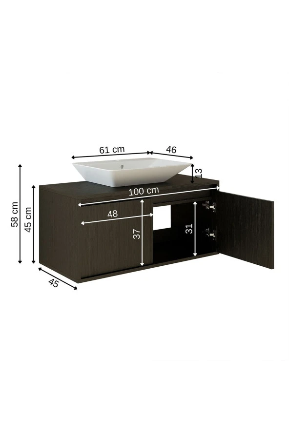 Roomart Ayaksız 2 Kapaklı Lavabolu Ahşap Siyah Suntalam 100 Cm Banyo Dolabı