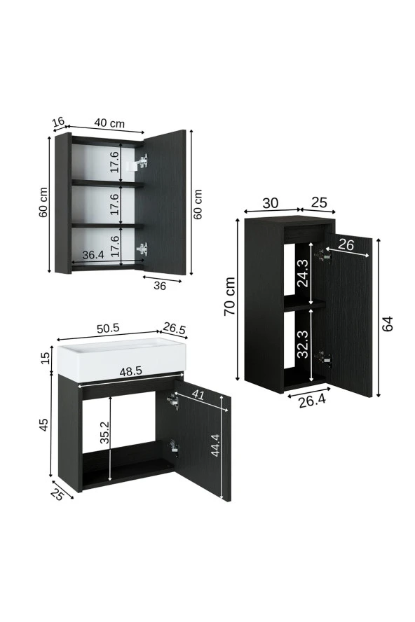 ROOMART Ayaksız Tek Kapaklı Lavabolu 50 Cm Banyo Dolabı+aynalı Üst Dolabı+boy Dolabı - 2