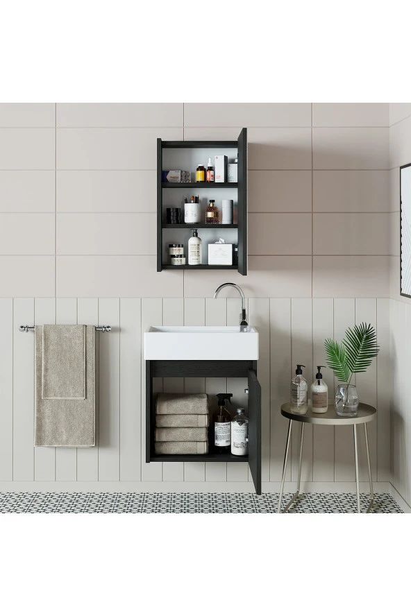 ROOMART Ayaksız Tek Kapaklı Lavabolu 50 Cm Banyo Dolabı+aynalı Üst Dolabı - 2