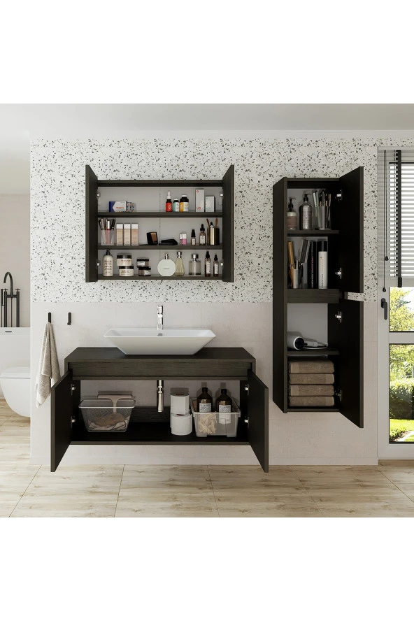 ROOMART Lavabolu Ahşap Siyah Suntalam 100 Cm Banyo Dolabı Aynalı Banyo Üst Dolap Banyo Dolabı - 3