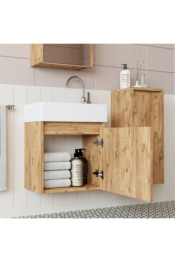 ROOMART Ayaksız Tek Kapaklı Lavabolu 50 Cm Banyo Dolabı+aynalı Üst Dolabı+boy Dolabı - Resim 3