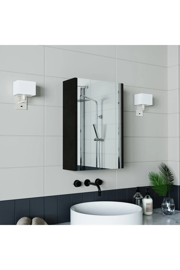 Roomart Banos Banyo Kulpsuz Tek Kapaklı Ahşap Siyah 40 Cm Aynalı Banyo Üst Dolabı - 4