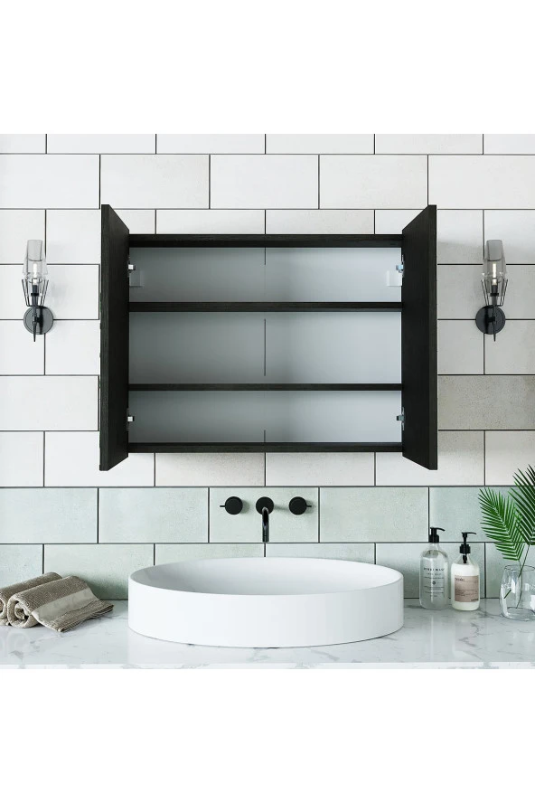 Roomart Ad7 Kulpsuz 2 Kapaklı Ahşap Siyah Suntalam 80 Cm Aynalı Banyo Üst Dolabı - Resim 2