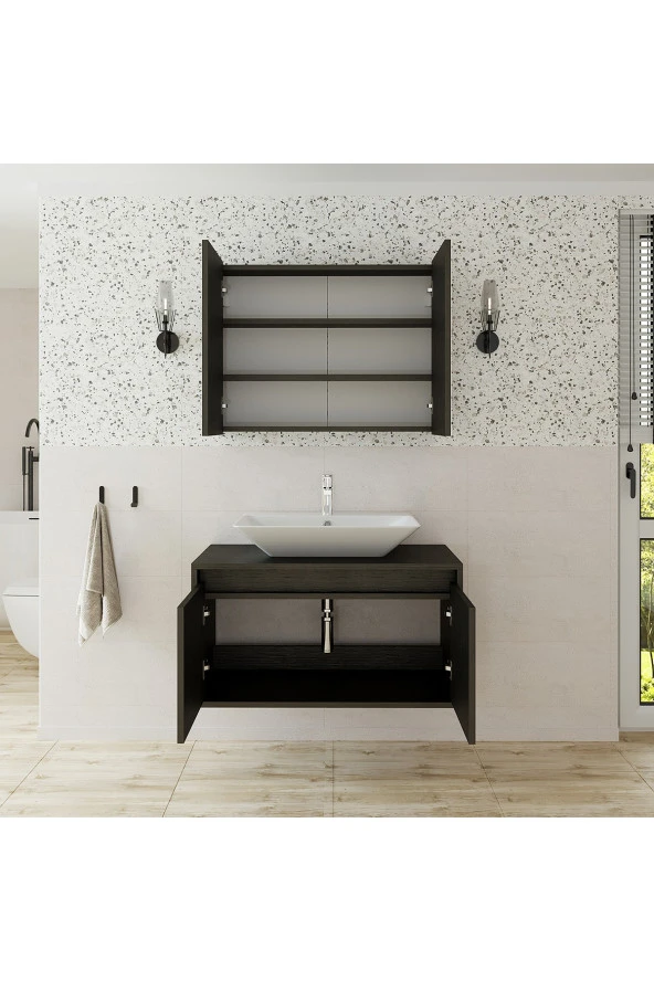 ROOMART Lavabolu Mat Ahşap Siyah Suntalam 85 cm Banyo Dolabı + Aynalı Banyo Üst Dolabı - 5