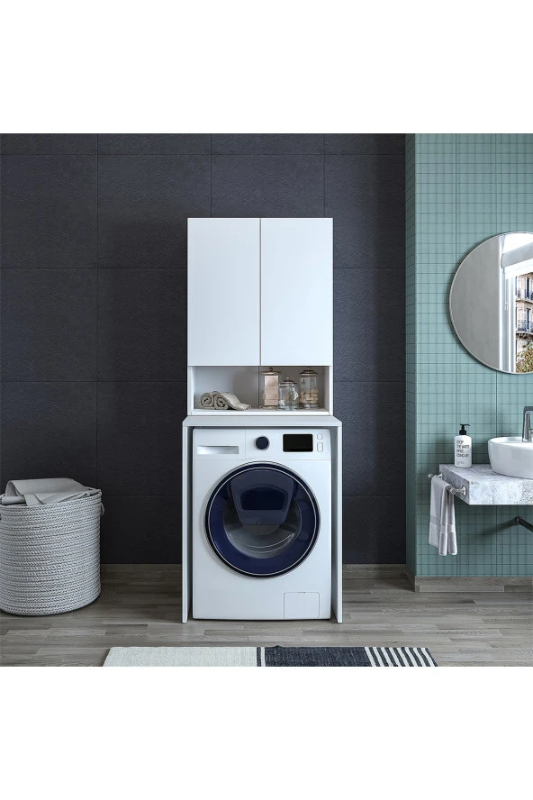 ROOMART Cd7 Çok Amaçlı Banyo Üst Dolaplı Çamaşır Makinesi Dolabı Takımı - Mat Beyaz
