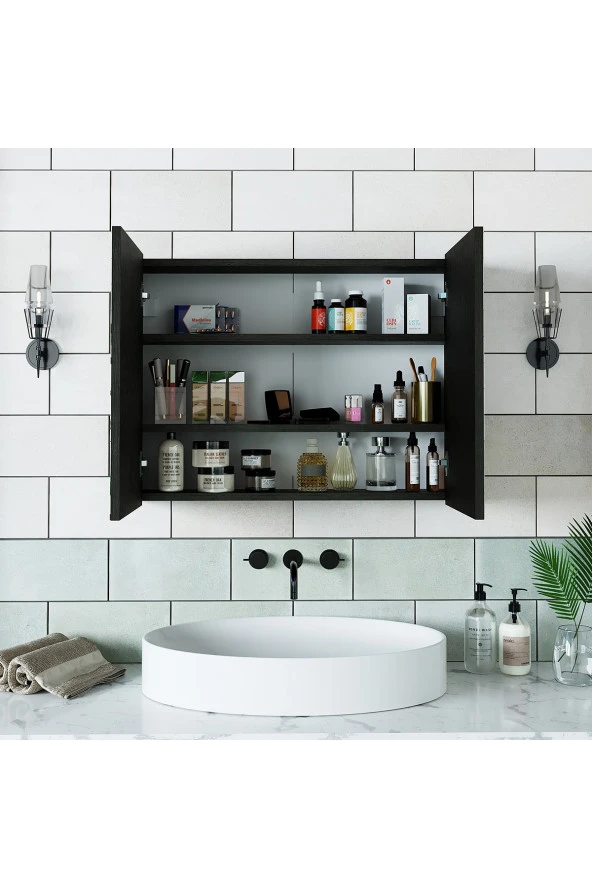 Roomart Ad7 Kulpsuz 2 Kapaklı Ahşap Siyah Suntalam 80 Cm Aynalı Banyo Üst Dolabı - Resim 3